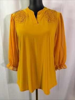 Emma & Olive Mustard Yellow Mixed Media Lace Accent 3/4 Sleeve V-Neck Blouse